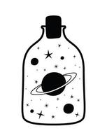 tatuaje minimalista de una botella con un planeta y estrellas vector