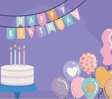 happy birthday garland with birthday cake and balloons on a purple background vector