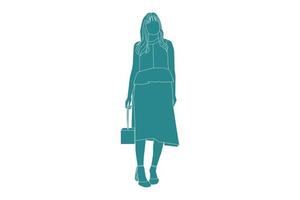 Ilustración vectorial de mujer elegante con su mini bolso, estilo plano con contorno vector