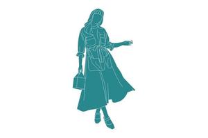 Ilustración vectorial de mujer elegante posando con su mini bolso, estilo plano con contorno vector