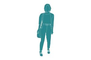 Vector illustration of casual woman walking with bring ice coffee on the sideroad, Flat style with outline