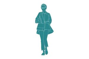 Vector illustration of casual woman walking on the sideroad, Flat style with outline