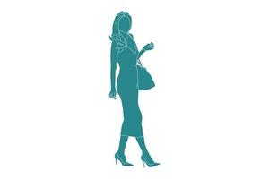 Vector illustration of beautiful elegant woman posing, Flat style with outline