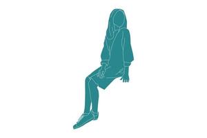 Vector illustration of elegant woman sitting, Flat style with outline