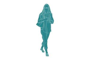 Ilustración vectorial de mujer de moda caminando por la calle lateral, estilo plano con contorno vector