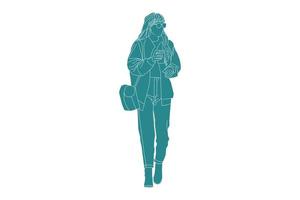 Vector illustration of fashionable woman on the sideroad with her coffee, Flat style with outline