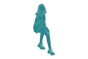 ilustración vectorial de mujer casual está sentada, estilo plano con contorno vector