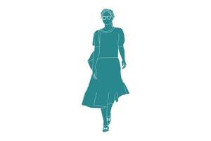 Ilustración vectorial de mujer elegante caminando por la calle lateral, estilo plano con contorno vector