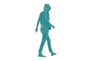 Ilustración vectorial de mujer casual caminando por la calle lateral, estilo plano con contorno vector