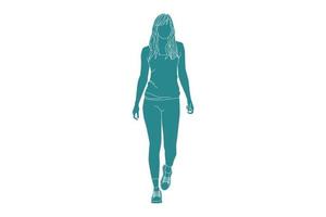 Ilustración vectorial de mujer casual caminando por la calle lateral, estilo plano con contorno vector