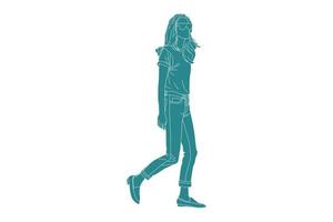 Ilustración vectorial de mujer casual caminando por la calle lateral, estilo plano con contorno vector