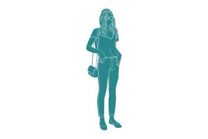 Ilustración vectorial de mujer casual en la calle lateral con su mini bolso, estilo plano con contorno vector