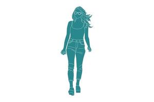 Ilustración vectorial de mujer casual caminando por la calle lateral con su bebida, estilo plano con contorno vector