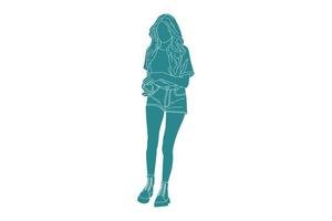 Vector illustration of casual woman walking on the sideroad, Flat style with outline