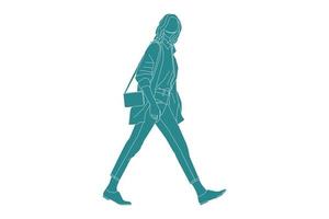 Ilustración vectorial de mujer casual caminando por la calle lateral con su mini bolso, estilo plano con contorno vector