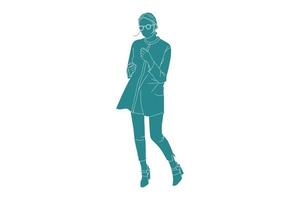 Vector illustration of casual woman walking on the sideroad, Flat style with outline