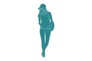 Ilustración vectorial de mujer casual caminando por la calle lateral con sombrero de cubo, estilo plano con contorno vector