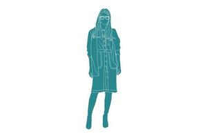 Ilustración vectorial de mujer de moda en la calle lateral, estilo plano con contorno vector