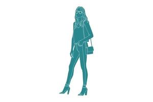 Vector illustration of casual woman posing with her mini bag, Flat style with outline