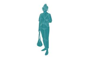 Ilustración vectorial de mujer casual caminando por la calle lateral con su bolso, estilo plano con contorno vector