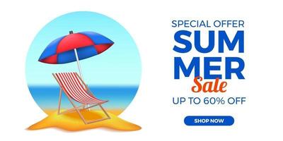 Oferta de venta de verano promoción de banner con silla doblada y sombrilla en la ilustración de la playa de arena vector