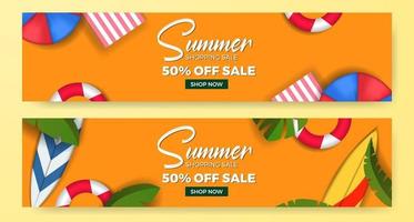 Summer sale offer banner template with flat lay illustration top view beach element and green tropical leaves vector