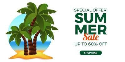 Ilustración 3d palmera cocotero en la playa para la oferta de venta de verano plantilla de promoción de banner vector