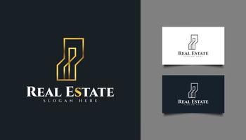 Gold Real Estate Logo with Letter P Concept in Line Style. Construction, Architecture or Building Logo Design Template vector