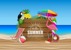 Hello summer poster with beach elements, tropical flowers, leaves, birds and wooden sigboard on beach landscape vector