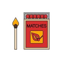 Matches. Burning match with fire, opened matchbox. Vector illustration isolated on white background in monoline style