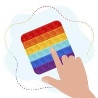 Trendy pop it fidget in Rainbow colors. Hand play with Sensory fidget antistress toy. Vector illustration in flat style