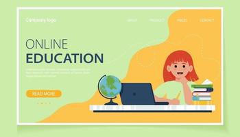 Online education for children. School children studying with computer and books. Vector illustration in flat style for website, landing page, banner, flyer