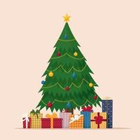 Christmas tree with gifts boxes. Cute vector illustration in flat style for greeting New Year or Merry Christmas card