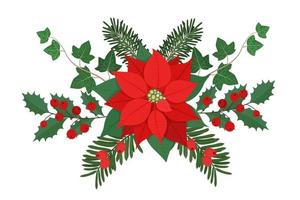 Christmas floral composition with winter plants and berries. Element for invitation card, poster, banner, greeting card, postcard. Vector illustration, isolated on white background.