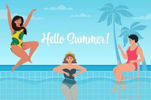 beautiful international women in swimsuits relaxing in the pool at sea background. Hello summer poster. Vector illustration in trendy flat style