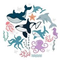 Collection of cute sea animals, fish and algae. Vector illustration in simple hand-drawn style