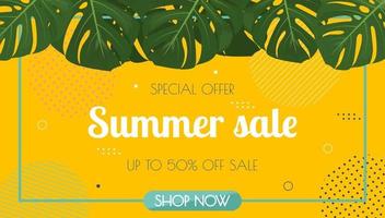 Summer sale horizontal banner with abstract geometric shapes and tropical leaves. Vector illustration in flat style