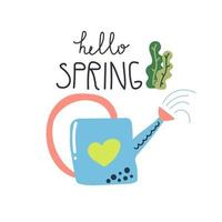 Hand drawn watering can with text Hello spring. Gardening concept. Flat illustration. vector