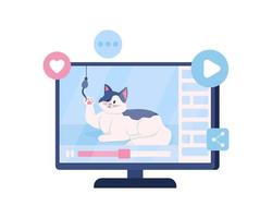 Video with funny cat on computer screen semi flat color vector object