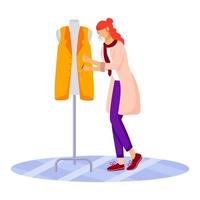 Fashion designer in atelier flat color vector illustration. Creating modern handmade clothes at workshop. Sewing and reparing vest in tailor studio isolated cartoon character on white background