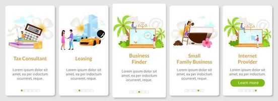 plantilla de vector de pantalla de aplicación móvil de incorporación de negocios indonesios. arrendamiento. proveedor de Internet. paso a paso del sitio web con caracteres planos. concepto de interfaz de dibujos animados de smartphone ux, ui, gui