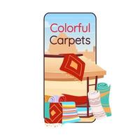 Colorful carpets cartoon smartphone vector app screen. Persian rugs store. Mobile phone display with flat character mockup. Eastern bazaar, arabian souk souvenirs application telephone interface