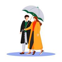 Couple flat color vector faceless characters. Rainy weather. Wet day. Romantic relationship. Man and woman with umbrella. Walking family in coats isolated cartoon illustration on white background