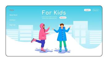 For kids landing page flat color vector template. Children in raincoats homepage layout. Rainy day one page website interface, cartoon characters. Staying caucasian kids in puddles web banner, webpage