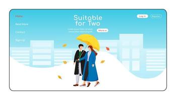 Suitable for two umbrella landing page flat color vector template. Walking couple in coats homepage layout. Wet day one page website interface with cartoon character. Rainy weather web banner, webpage