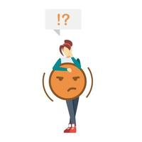 Unsatisfied girl semi flat RGB color vector illustration. Negative emoticon. Alarmed woman. Irritated person. Consumer, customer feedback. Emotional review. Isolated cartoon character on white