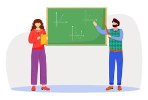 Teacher explains math graphs on chalkboard flat vector illustration. Studying process at university, school. Learning mathematics. Professor and student isolated cartoon characters on white background