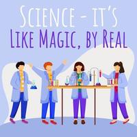 Science is like magic but real social media post mockup. Children and chemistry experiments. Advertising web banner design template. Social media booster. Promotion poster with flat illustrations vector