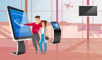 Smiling couple with airport self service kiosk flat color vector illustration. Tourists faceless cartoon characters during airline check in. People using interactive touchscreen panel