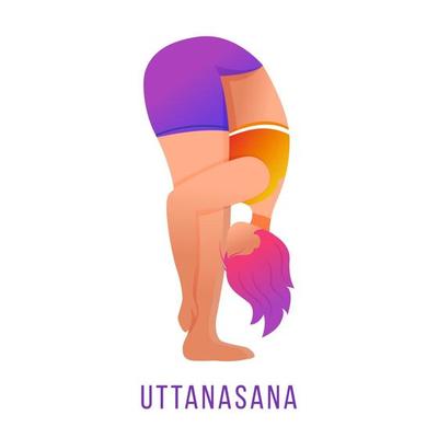 Uttanasana flat vector illustration. Standing forward bend. Caucausian woman doing yoga in orange and purple sportswear. Workout. Physical exercise. Isolated cartoon character on white background